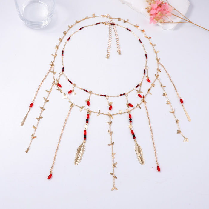 Wholesale Double-Layer Stacked Chain Metal Leaf Beaded Pendant Tassel Women's Necklace