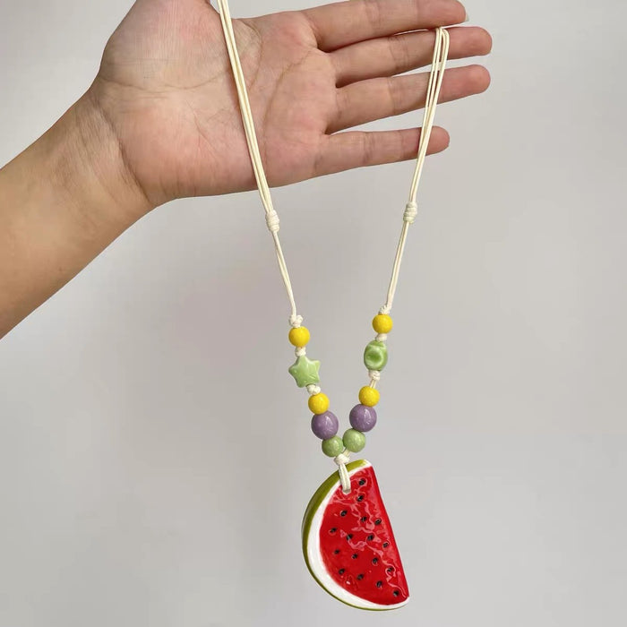 Wholesale Colorful Watermelon Bead Necklace Braided Rope With Alloy Chain Trendy Boutique Jewelry MOQ≥2