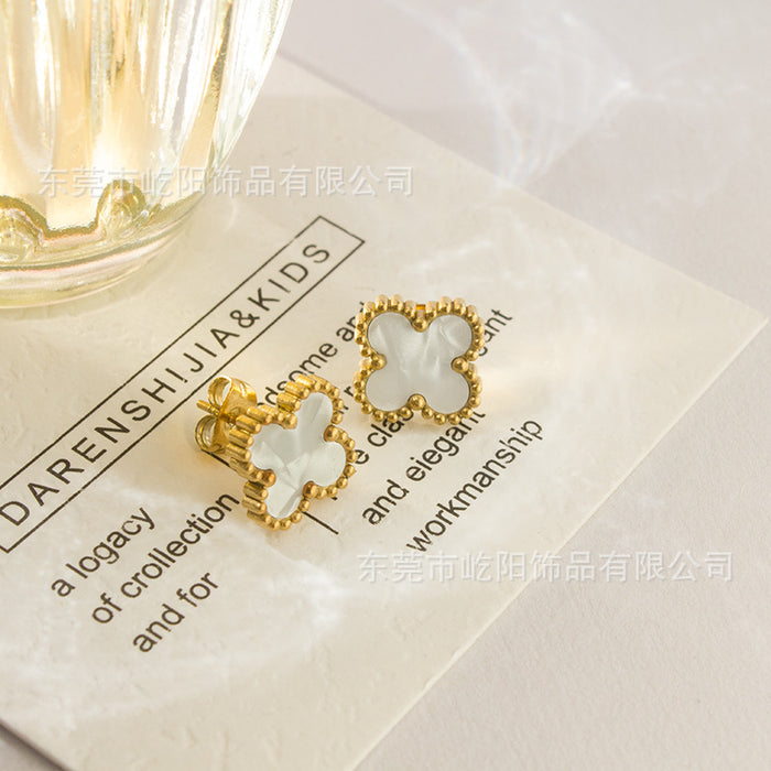 Wholesale Titanium Steel 18k Double-Sided Lucky Four-Leaf Clover Earrings JDC-ES-YiYang001
