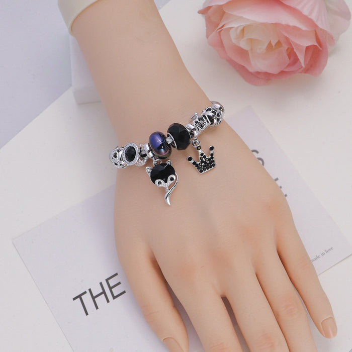 Wholesale Fox Crown Pendant Crystal Beaded Bracelet Women Stainless Steel Fashion Accessory Gift