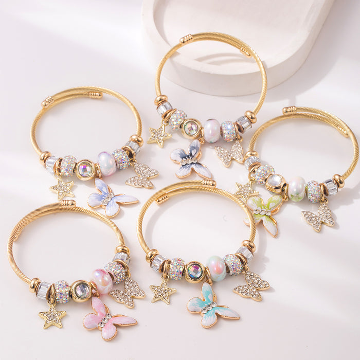 Wholesale Trendy Pink Adjustable Stainless Steel Bangle Bracelet With Rhinestone Butterfly Pendant And Star Accents Fashion Accessory For Resale