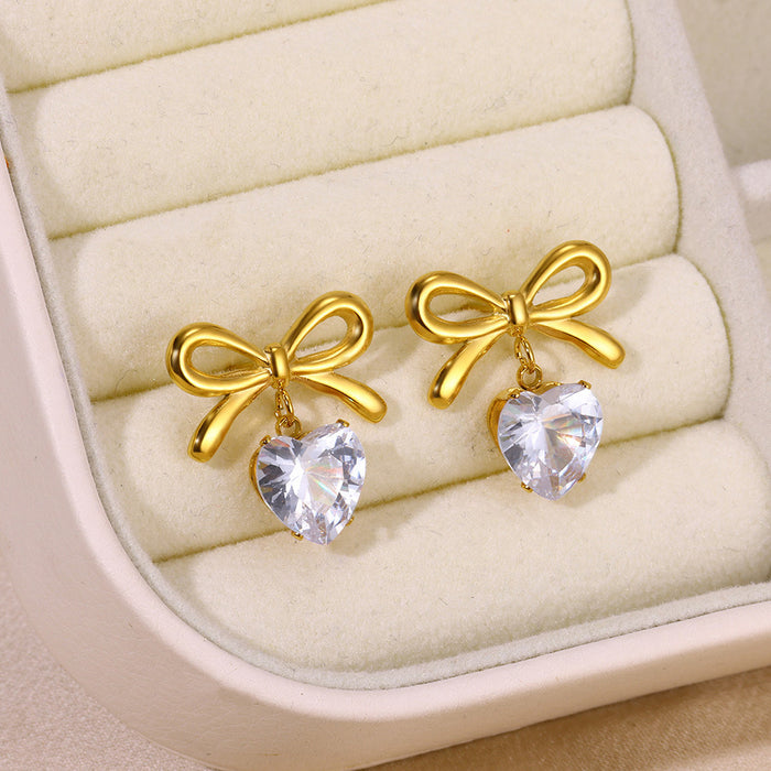 Wholesale Stainless Steel18K Gold Bow Earrings Zircon Love Earrings