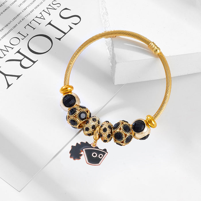 Wholesale Cute Black Cat Design Stainless Steel Bead Bracelet Stylish Jewelry Accessory for Women