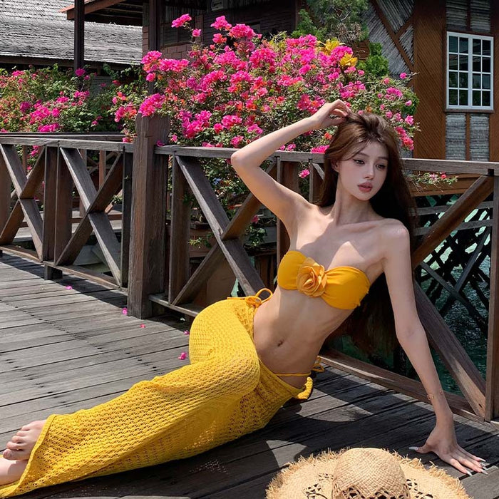 Wholesale Camellia flower island vacation sexy strapless split bikini set