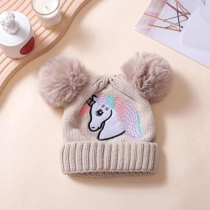 Wholesale Children' s Knit Hat for Autumn and Winter  Embroidered Unicorn and Double Pom-Poms Warm Winter Hat