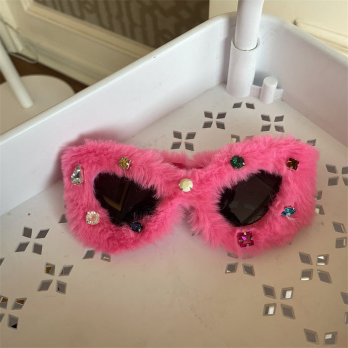 Wholesale Glasses birthday funny plush glasses triangle white cat ear sunglasses with diamond design