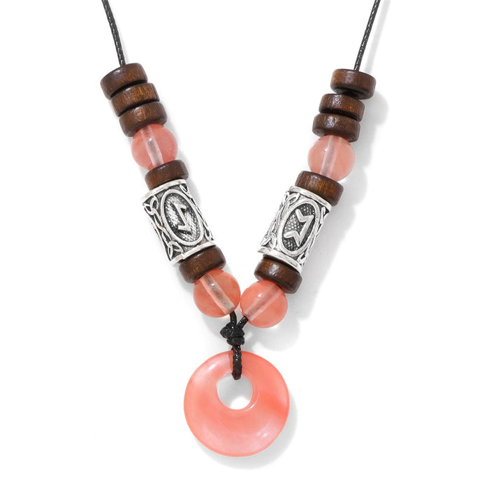 Wholesale Viking symbol necklace with stone pendant safety clasp and wooden beads