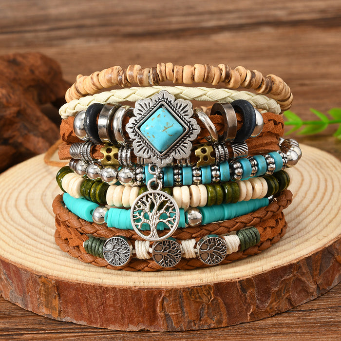 Wholesale Women's Multi layer Beaded Turquoise 6-piece Bracelet New Fashionable Retro Life Tree Jewelry