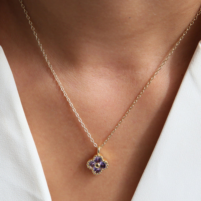 Wholesale 18k brass micro inlaid colored zirconium four-leaf clover flower  pendant clavicle chain necklace