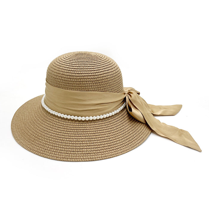 Wholesale Bow Pearl Sun Protection Straw Hat for Women, Summer Sunshade Versatile Hat