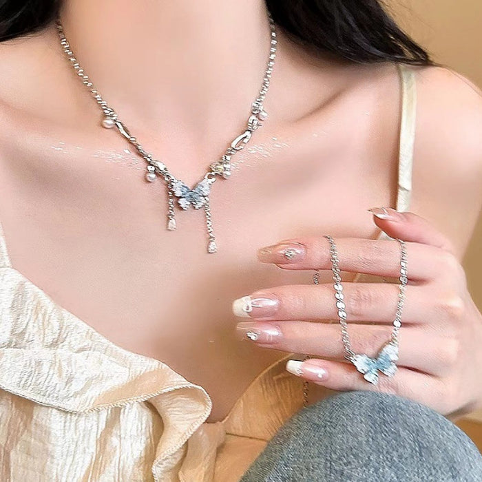 Wholesale Gradient ice crystal pearl butterfly tassel necklace collarbone chain neck chain accessory