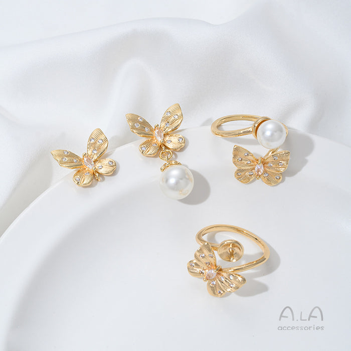 Wholesale Zirconium inlaid butterfly strap, hanging ring, earring accessories, pearl ring, handmade DIY earring material