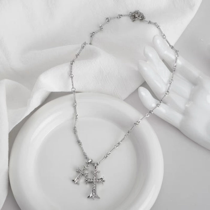 Wholesale Punk style full diamond cross long necklace, light luxury, high-end feeling, collarbone chain temperament, versatile accessories