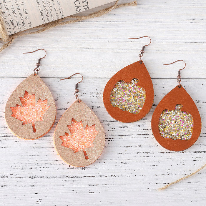 Wholesale Autumn Thanksgiving Maple Leaf Pumpkin Multi-layer PU Pendant Earrings