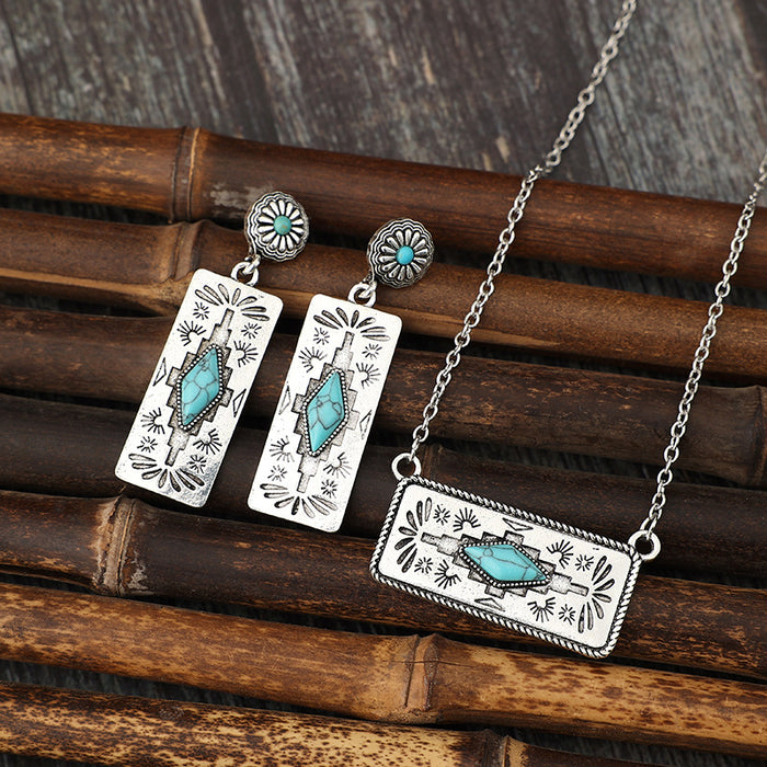 Wholesale Retro style pumpkin flower patchwork geometric turquoise alloy earrings necklace set