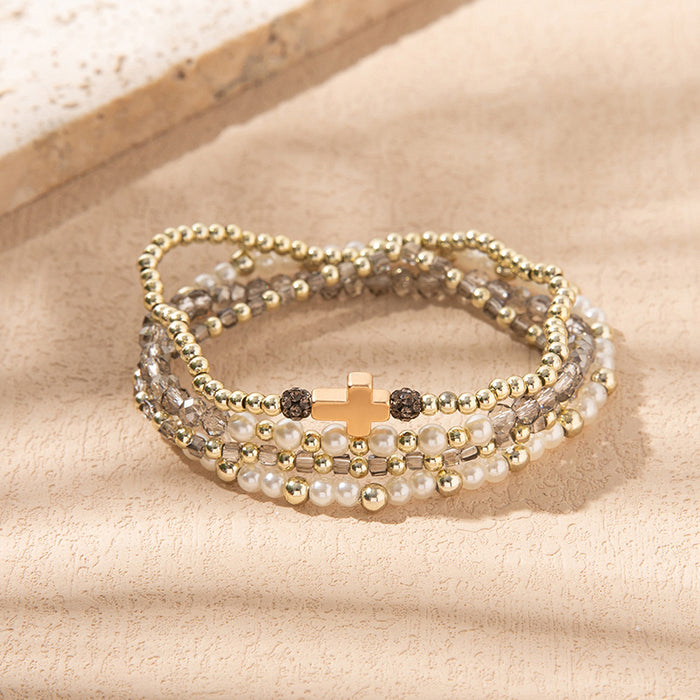 Wholesale Colorful Crystal Elastic Bracelets Ins Style Niche Stacked Cross Bracelet Set