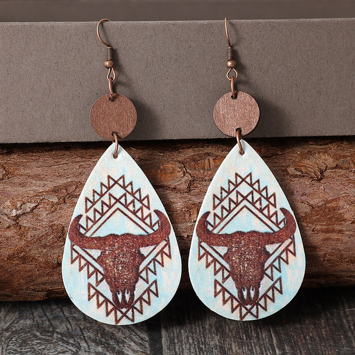 Wholesale Leather Earrings Retro Cow Print Water Drop Splicing