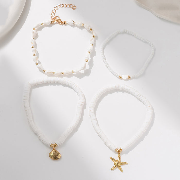 Wholesale Four piece set of shell ankle chains, fashionable and simple, stacked with multiple layers of rice beads woven ankle chains