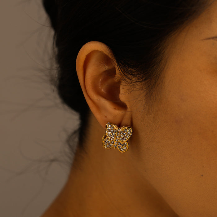 Wholesale Fashionable and personalized three-dimensional stainless steel butterfly earrings with diamond temperament, bow tie earrings, color preservation