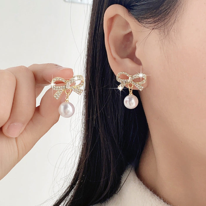 Wholesale Silver Needle Personalized Butterfly Knot Pearl Versatile Simple Style Fashion Earnail Wholesale