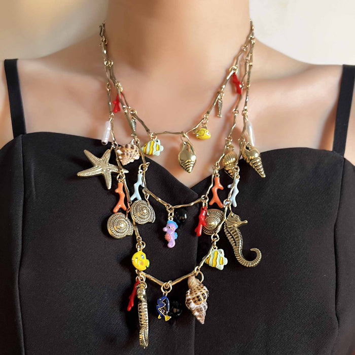 Wholesale leisure vacation ocean wind alloy seahorse conch sea star three-layer