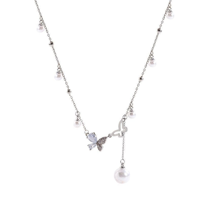 Wholesale Asymmetric hollow butterfly pearl necklace, light luxury, niche collarbone chain accessory, neckchain