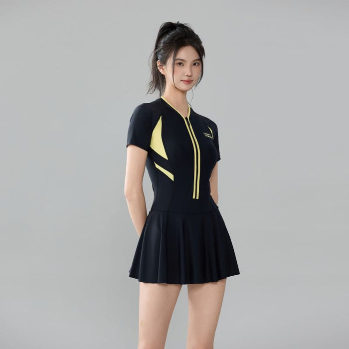 Wholesale Swimsuit one-piece skirt style covers the belly to make you look slimmer, color blocked hot spring swimsuit