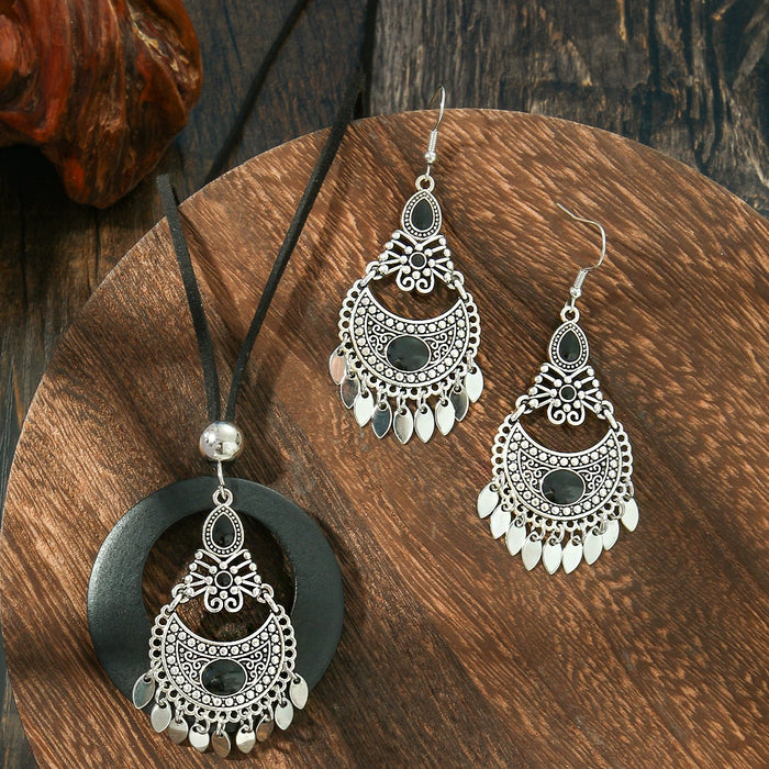 Wholesale Ethnic Geometric Antique Silver Alloy Earring Necklace Set - 4 Styles MOQ≥2