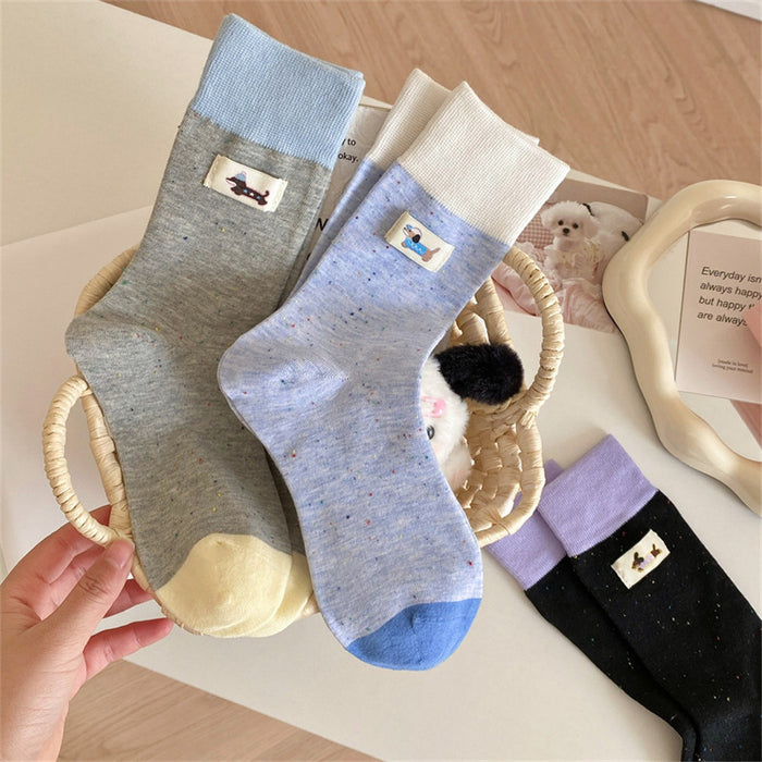 Wholesale Gray cloth label color blocked puppy mid tube socks cartoon pile socks