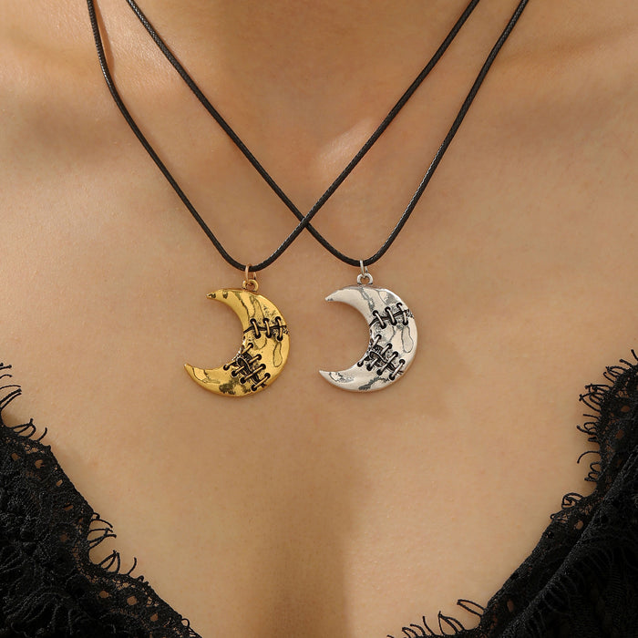 Wholesale  Retro Gothic Patched Worn Moon Pendant Necklace Holiday Versatile