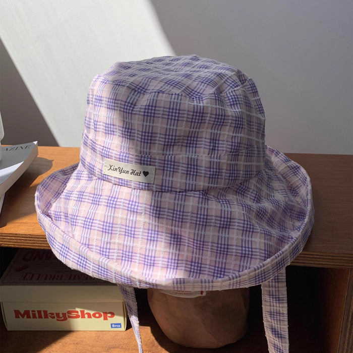 Wholesale Sweet plaid lace up fisherman hat versatile large brim sun protection hat UV resistant sun protection hat