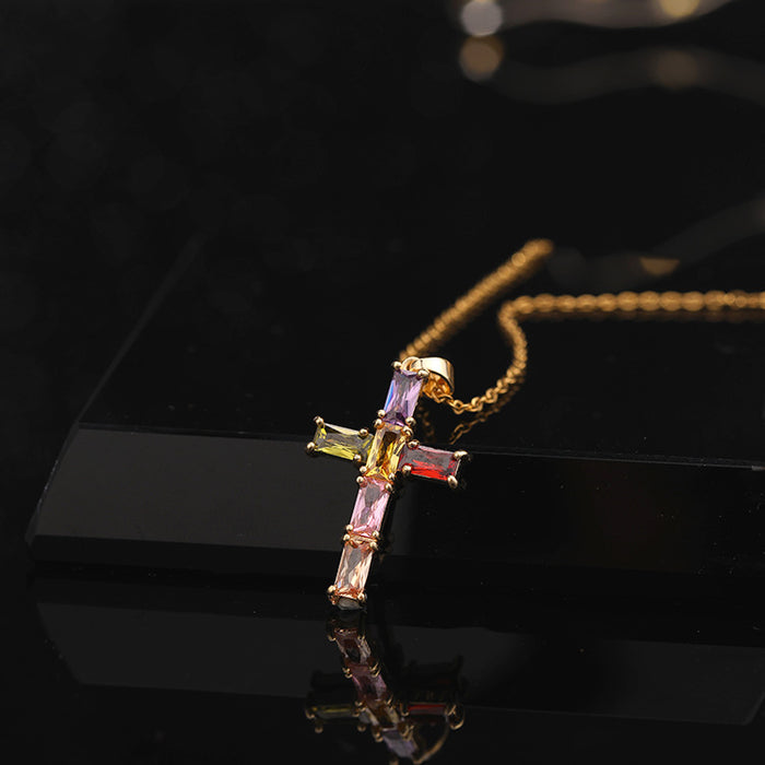 Wholesale Copper Inlaid Zircon Cross Pendant Necklace JDC-NE-ShangY035