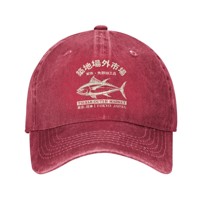Wholesale Retro Japanese Tuna Print Washed Baseball Cap Adjustable Summer Sun Hat For Resale
