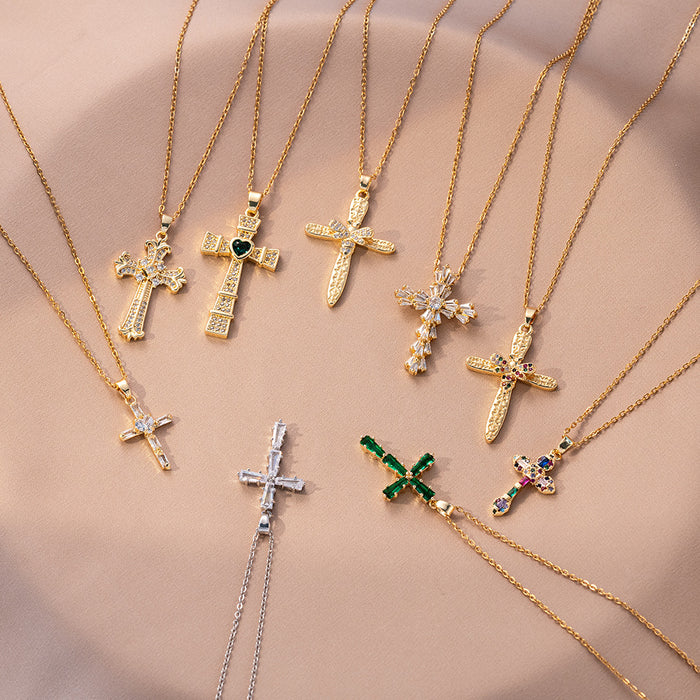 Wholesale Fashion colored zircon cross necklace, niche design accessory, collarbone chain