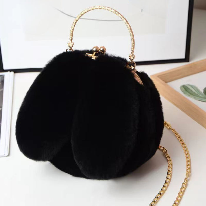 Wholesale Plush Shoulder Bag Women's Portable Crossbody Bag Chain Mobile Phone Bag All-match Small Round Bag Rabbit Ear Clamp Bag