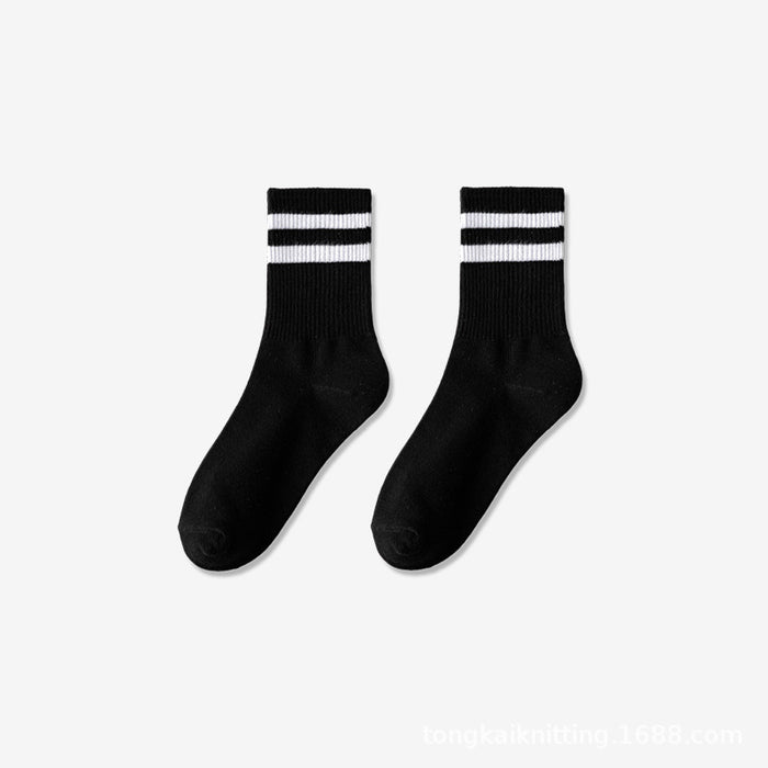 Wholesale Socks with parallel bars, mid length socks, pure cotton casual sports long socks