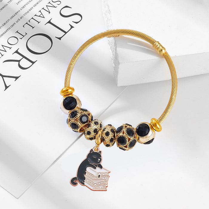 Wholesale Cute Black Cat Design Stainless Steel Bead Bracelet Stylish Jewelry Accessory for Women