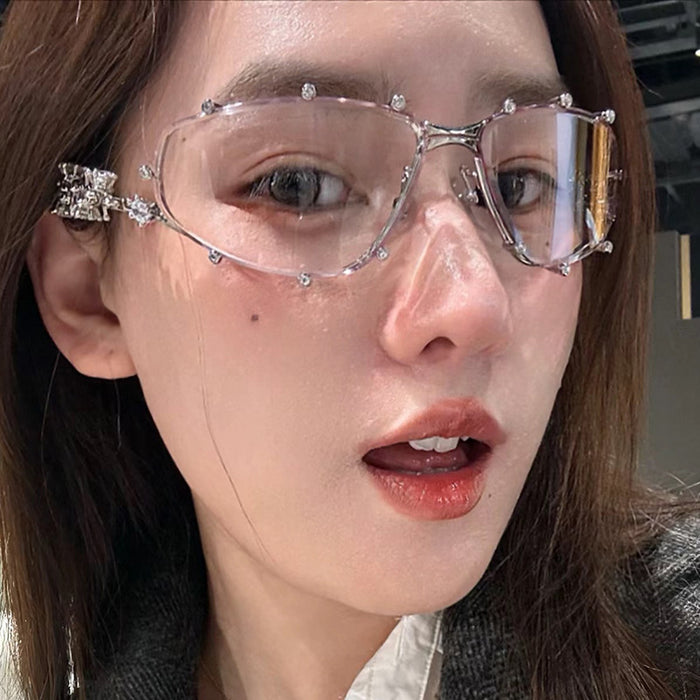 Wholesale Diamond studded glasses frame, fashionable with diamond shaped flat lens, large frame, personalized glasses frame