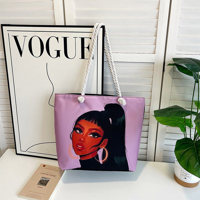 Wholesale Outdoor practical versatile retro canvas bag cartoon print portable beach bag large capacity