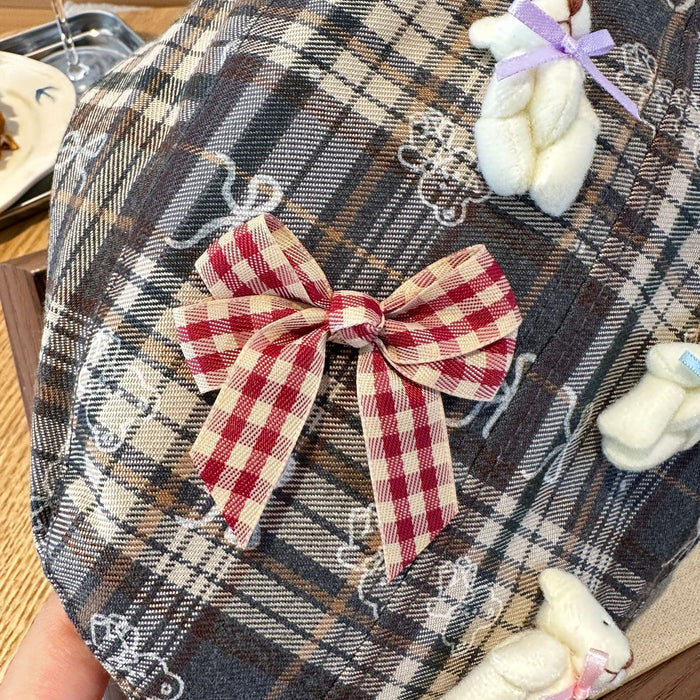 Wholesale Grid forward hat niche design cartoon bow plaid beret