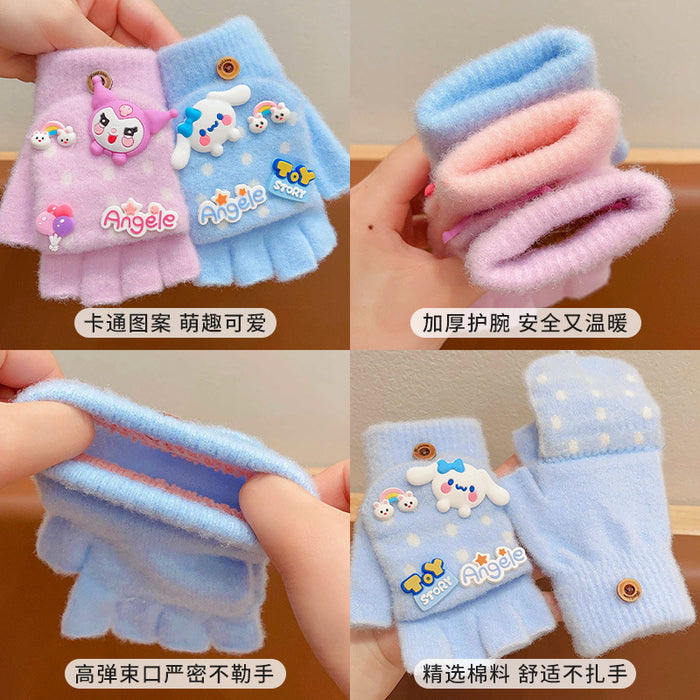 Wholesale Children' s Gloves Autumn and Winter Warm Cute Cartoon  Girls'  Half-Finger Flip Cover Baby Thickened Warm Five-Finger Set