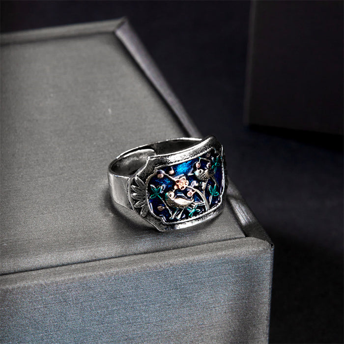 Wholesale Indigo oil Blue Plum Blossom ring niche national fashion ethnic style ring