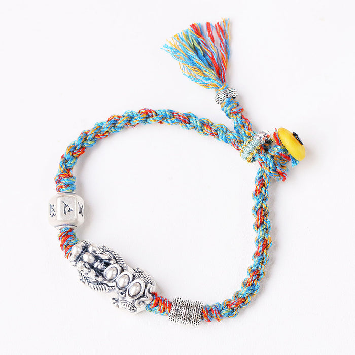 Wholesale Foot Silver Pixiu Bracelet, Handmade, Personalized Cotton Rope, Hand Rope for Women to Attract Wealth and Treasure, Hand Ornament