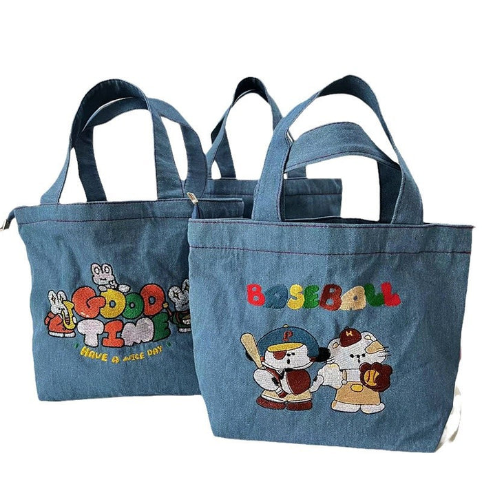 Wholesale Cartoon embroidery washed denim large capacity handbag student cute handbag bucket lunch bag