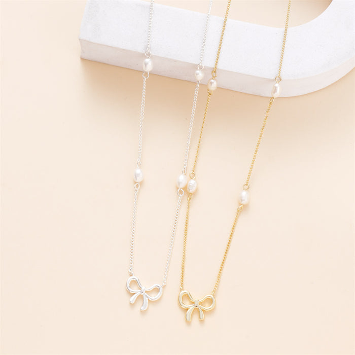Wholesale Butterfly Knot Pearl Necklace Copper Plated Simple and Versatile for Daily Use, Light Luxury Style Clavicle Chain