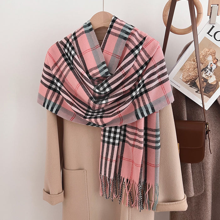 Wholesale  Winter Classic Plaid Faux Cashmere  Tassel Shawl