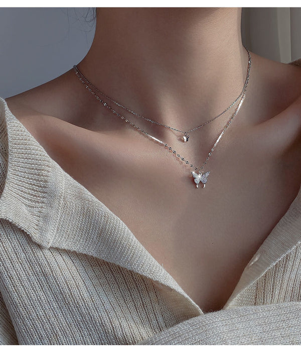 Wholesale Diamond studded bow pendant, water wave chain necklace, simple accessory, double-layer layered collarbone chain