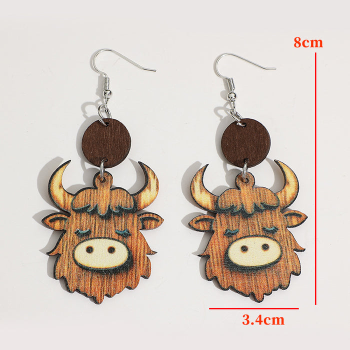 Wholesale Ox-Head Mountain Ox Personality Pendant Earrings — Double-Sided Wooden Jewelry