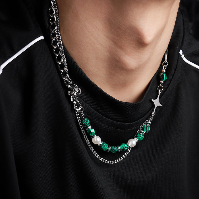 Wholesale Natural stone splicing cross star shaped necklace, collarbone chain, emerald inlaid bead accessory