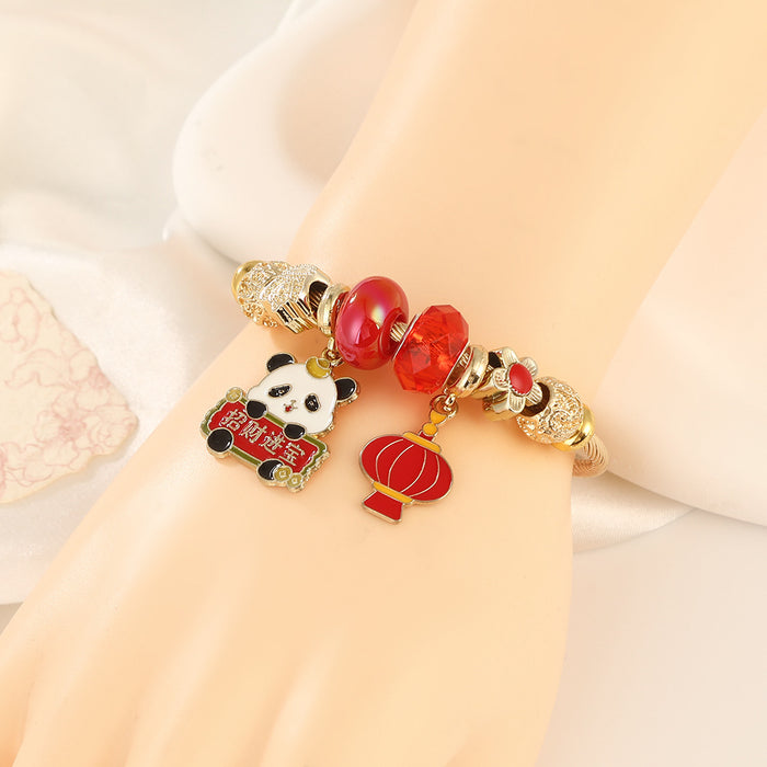 Wholesale Stainless Steel Cartoon Panda Bracelet with Red Lantern Pendant MOQ≥2